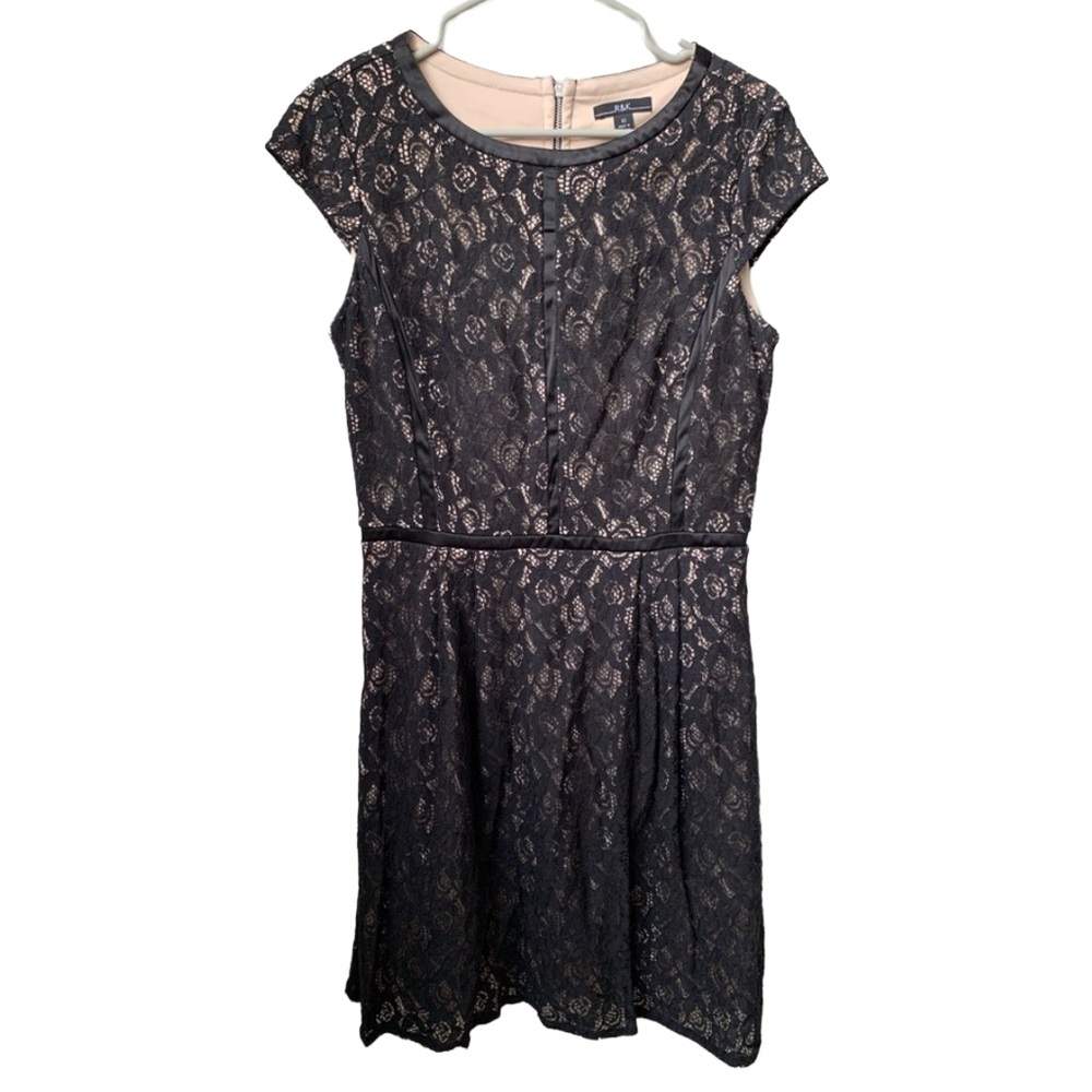 R&K Women’s Black Lace Over Tan Slip Rounded Neck Cap Sleeve Dress